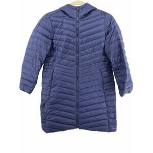 Lands' End Wanderweight Packable Down Mid-Length Coat Navy Blue Hooded Womens L